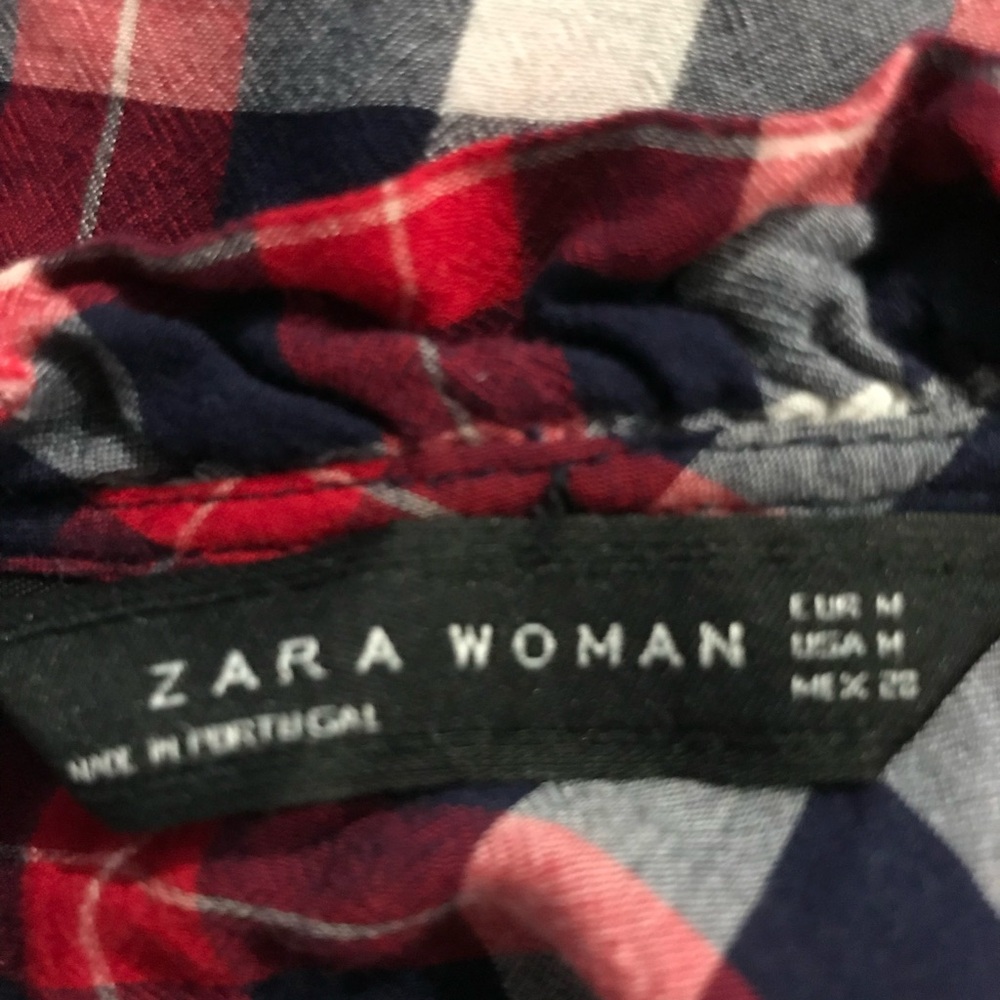 Zara Woman Red and Navy Plaid Button-Down Shirt